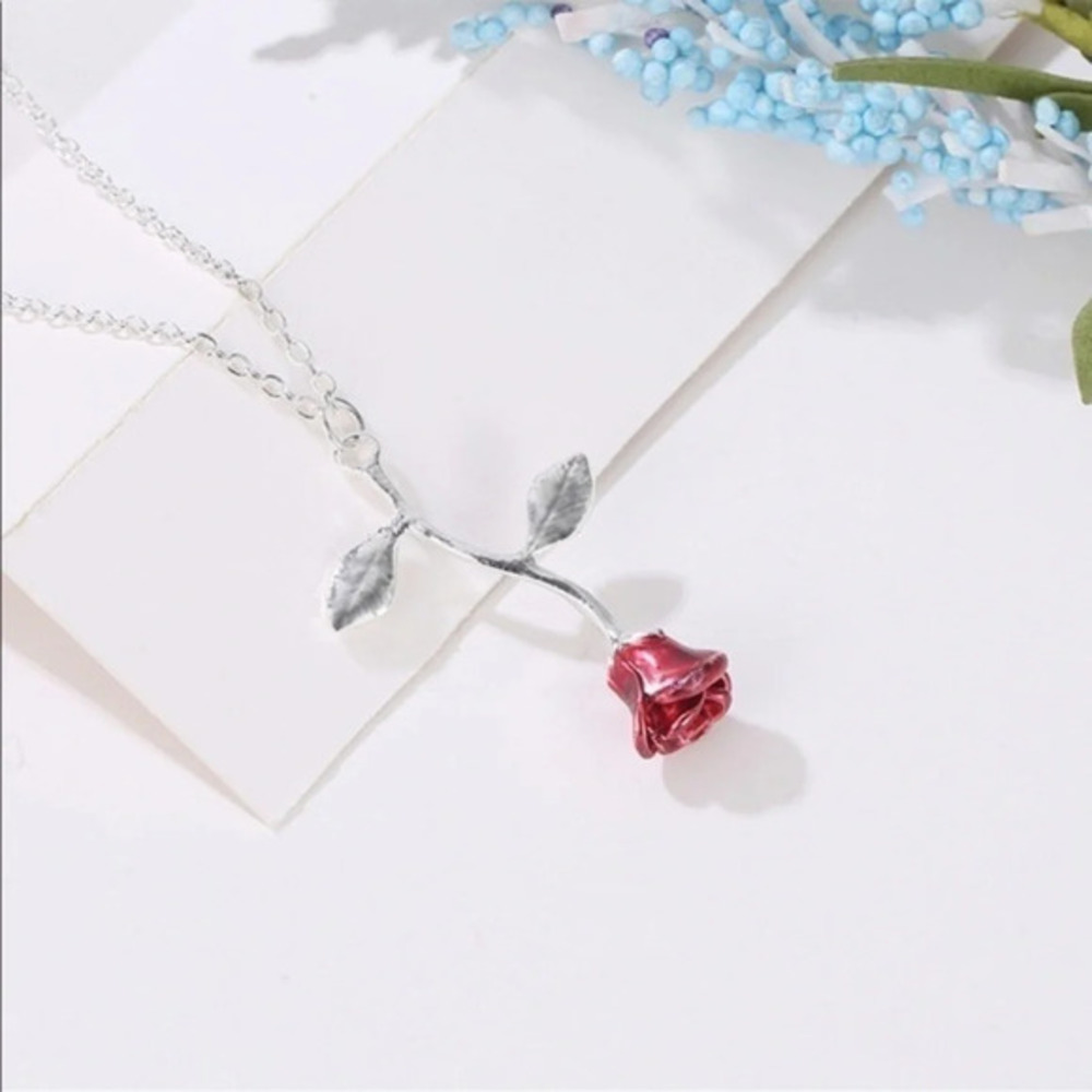 Red Rose Pendant Necklace Silver Tone Floral Gift NWT